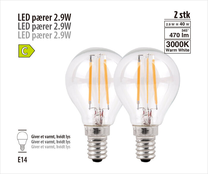 LED-dråpepære 2,9 W E14 - 2 pk.
